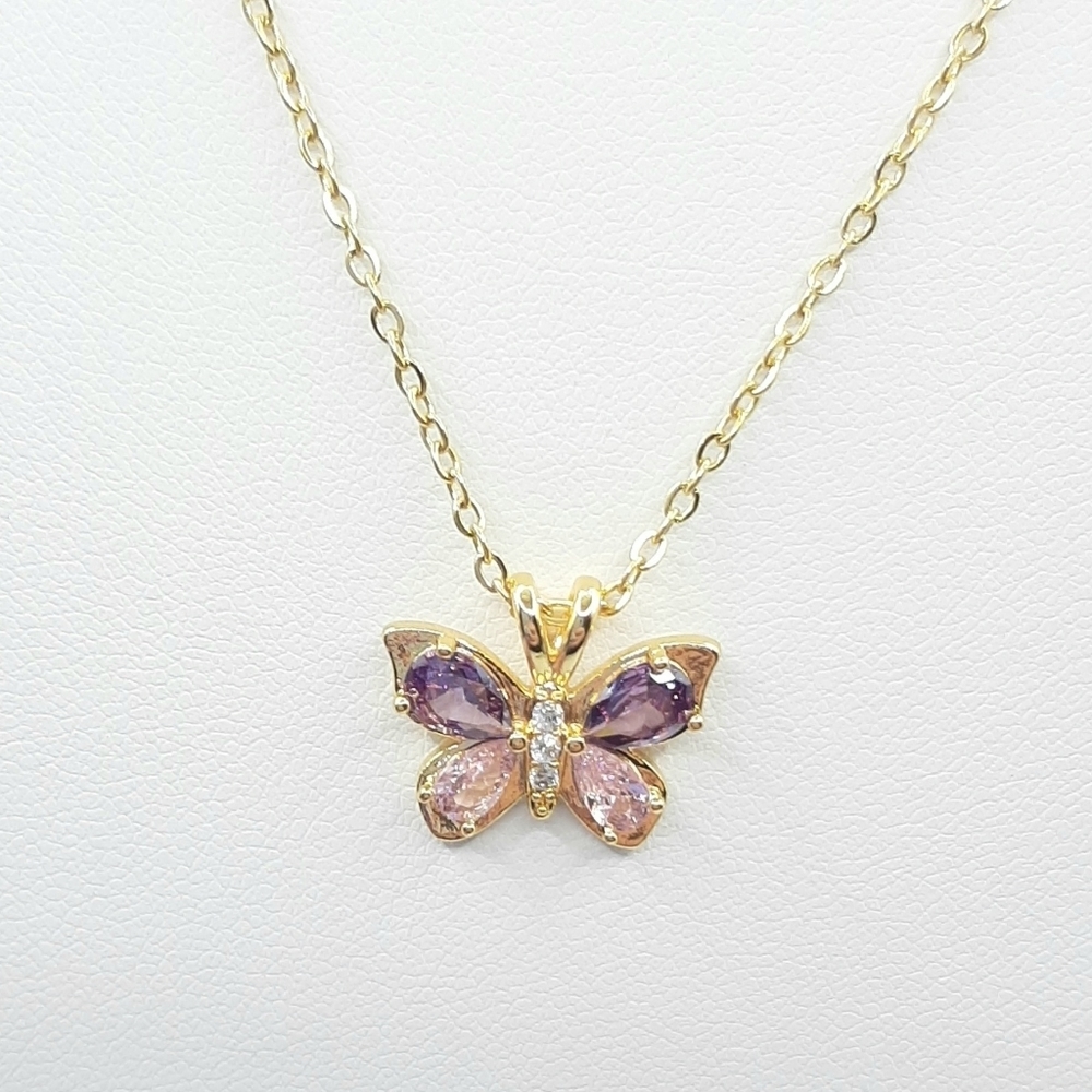 Butterfly Pendant Necklace Pink Purple CZ Gold Plated Stainless Steel Dainty New
